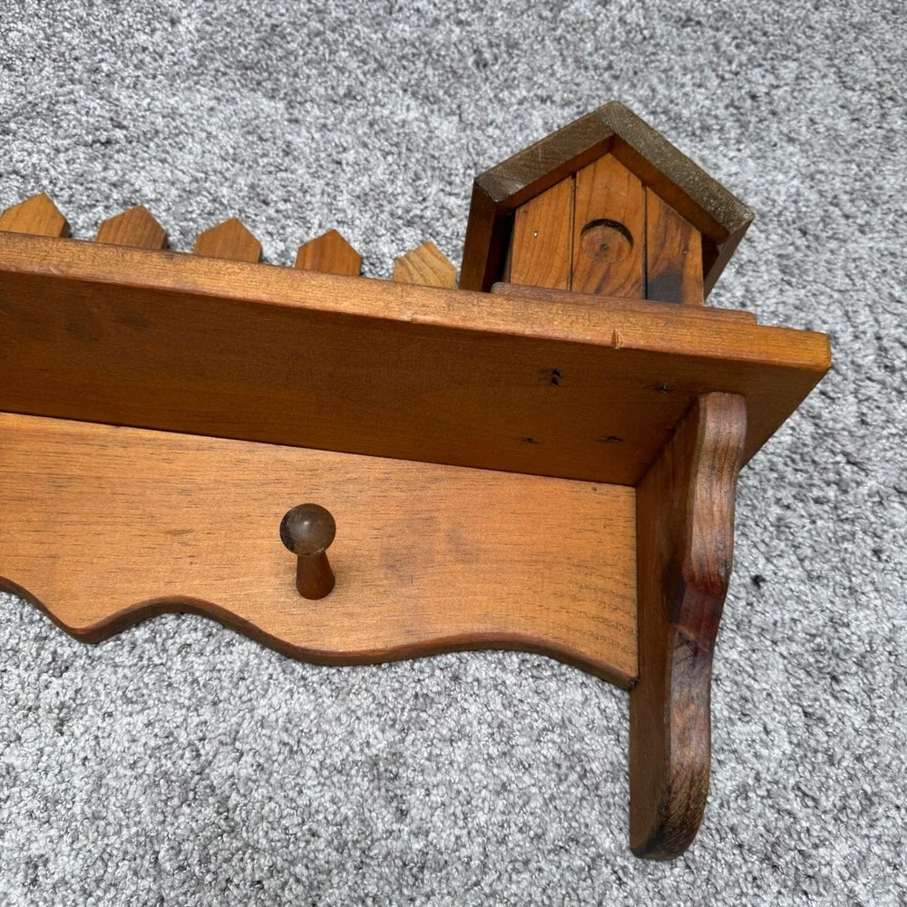 Vintage Wooden Wall Shelf Pegs Birdhouse Picket Fence Brown Cottage Rustic Farm